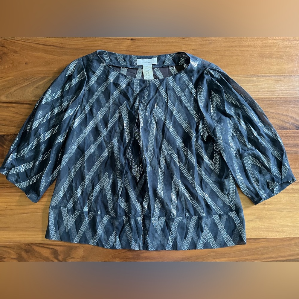 MALENE BIRGER Charcoal Grey Silver Metallic Stitch Silk Blend Blouse Size 12